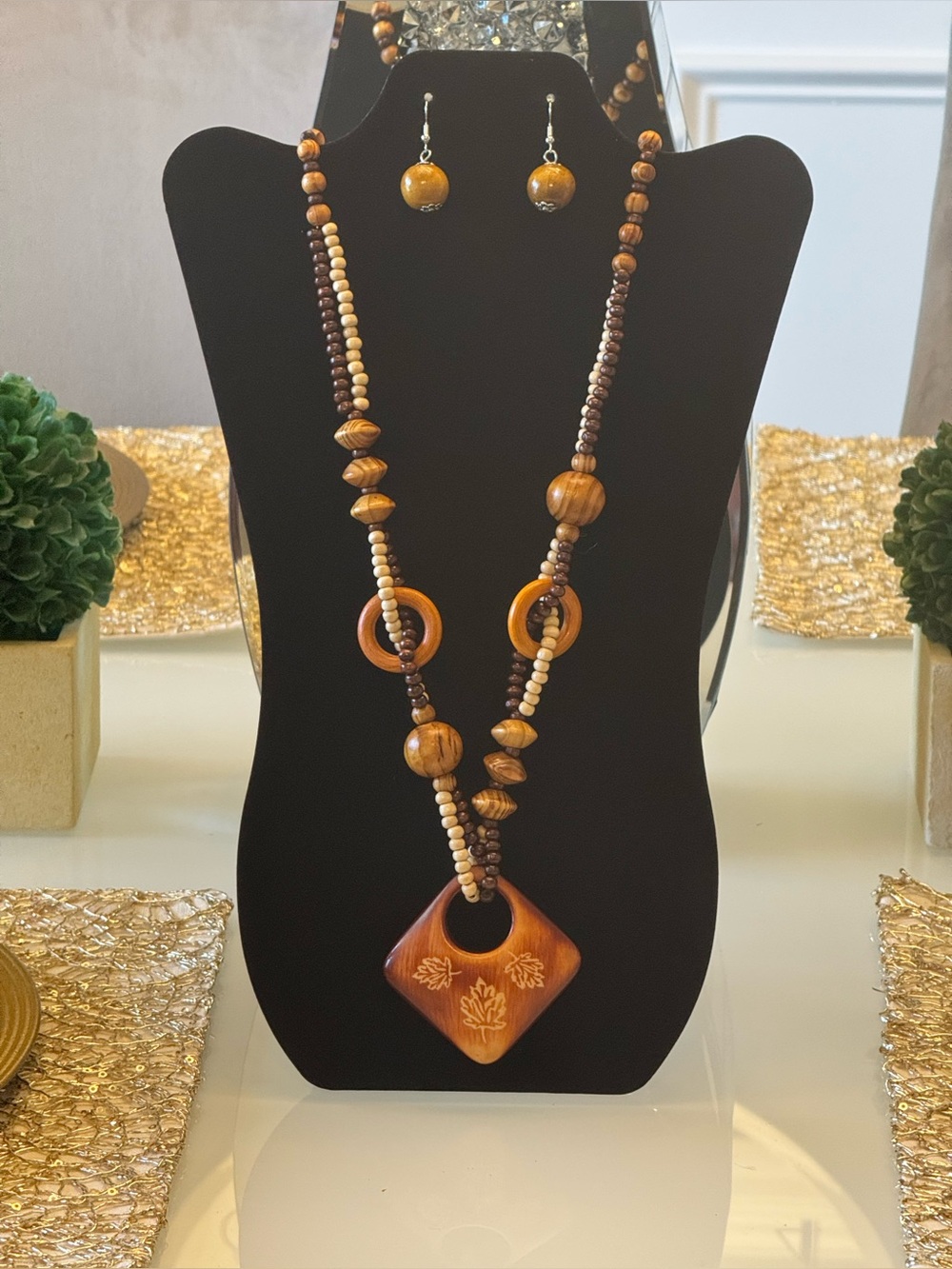 New Arrivals! Handmade Brown Wood Bead Pendant Necklace with Earrings